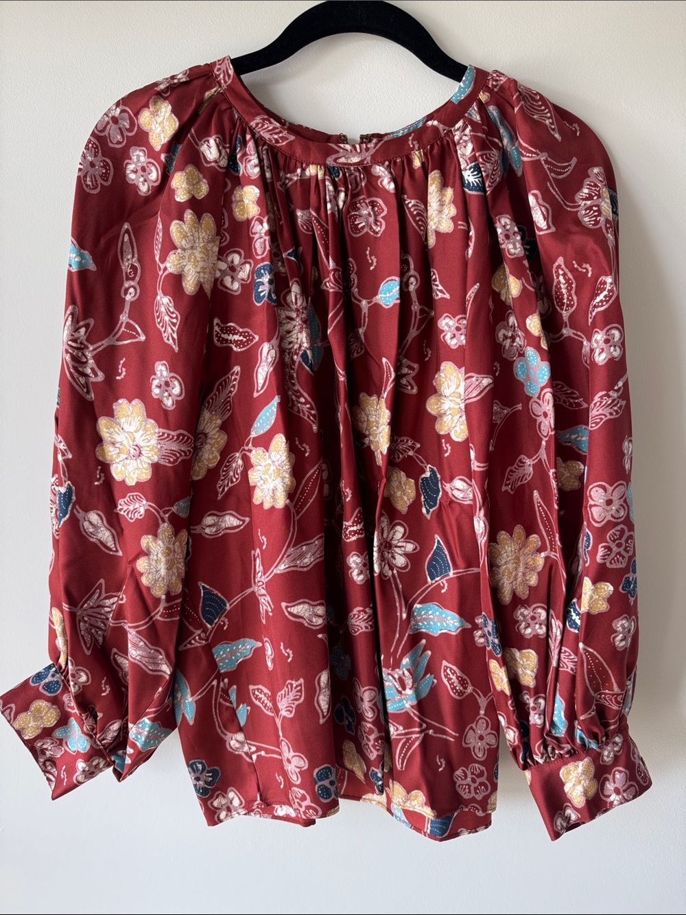 Ulla Johnson Burgundy Floral Print Gathered Neck Blouse 100% Silk Bohemian